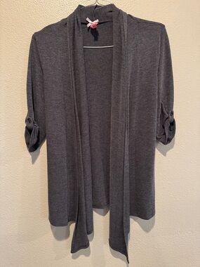 Derek Heart Charcoal Open-Front Cardigan with Roll-Tab Sleeves